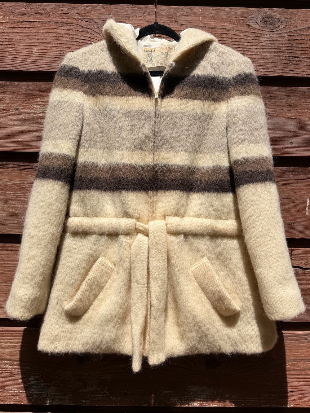 Vintage 70s Hilda Ltd Icelandic Wool Striped Zip-Up Belted Coat Ladies Large